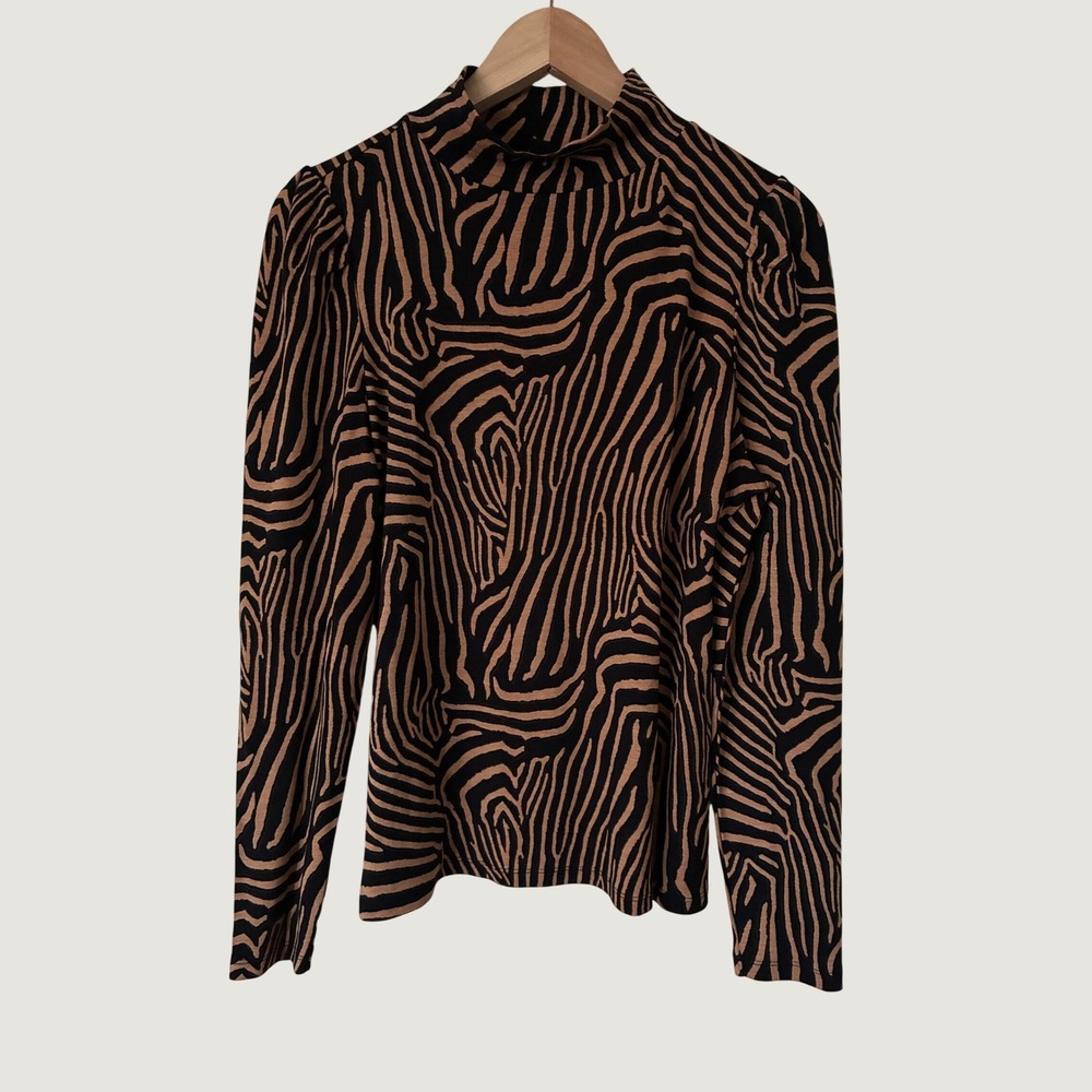Ann Taylor Factory Zebra Print Mock Neck Puffed Shoulder Top Brown Black Medium
